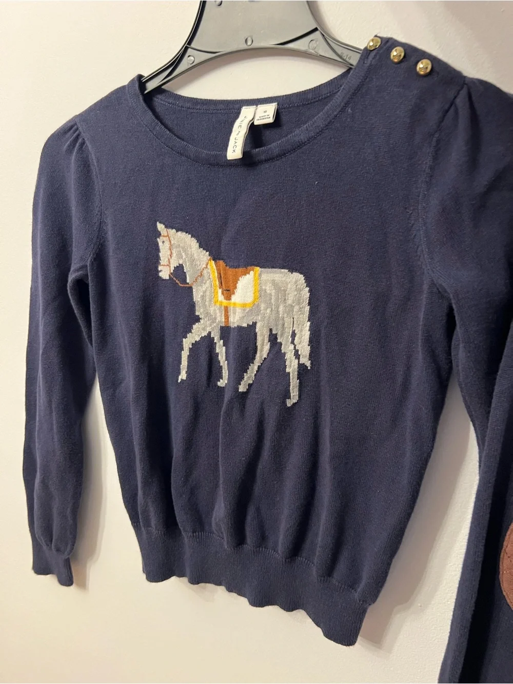 Janie and Jack Navy Horse Intarsia Crewneck Sweater with Gold Buttons